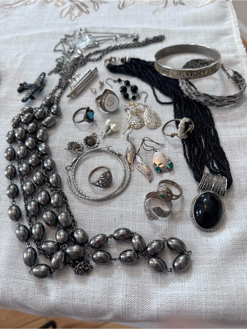 Sterling Silver and Black Beaded Multi-Piece Women’s Jewelry Set